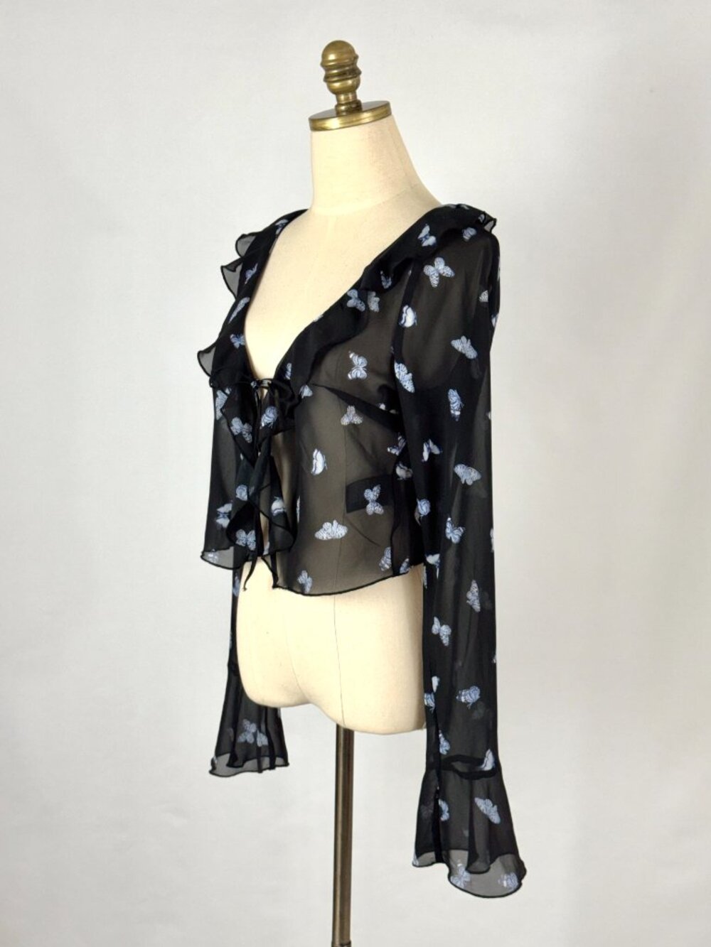 Y2K Butterfly Sheer Crop Cardigan Top Bell Sleeves Ruffle Dark Fairy Whimsical - Picture 5 of 9